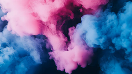 Pink and blue smoke swirls, dark background. Abstract art, design element