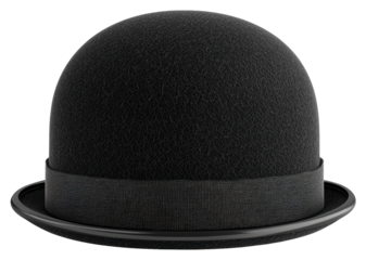 Classic Black Bowler Hat with a Silver Accented Band Isolated on Transparent Background