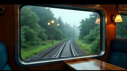 Naklejka premium Cozy Train Cabin on a Rainy Day