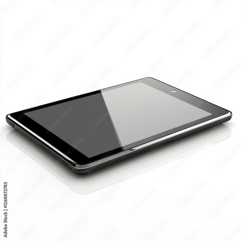 Poster Sleek black tablet with reflective screen on a smooth surface showcasing modern technology and design elements
