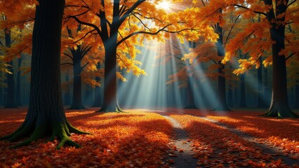 Children with flashlights, Strategically placed flashlights in vibrant autumn forest foliage clear photorealistic.