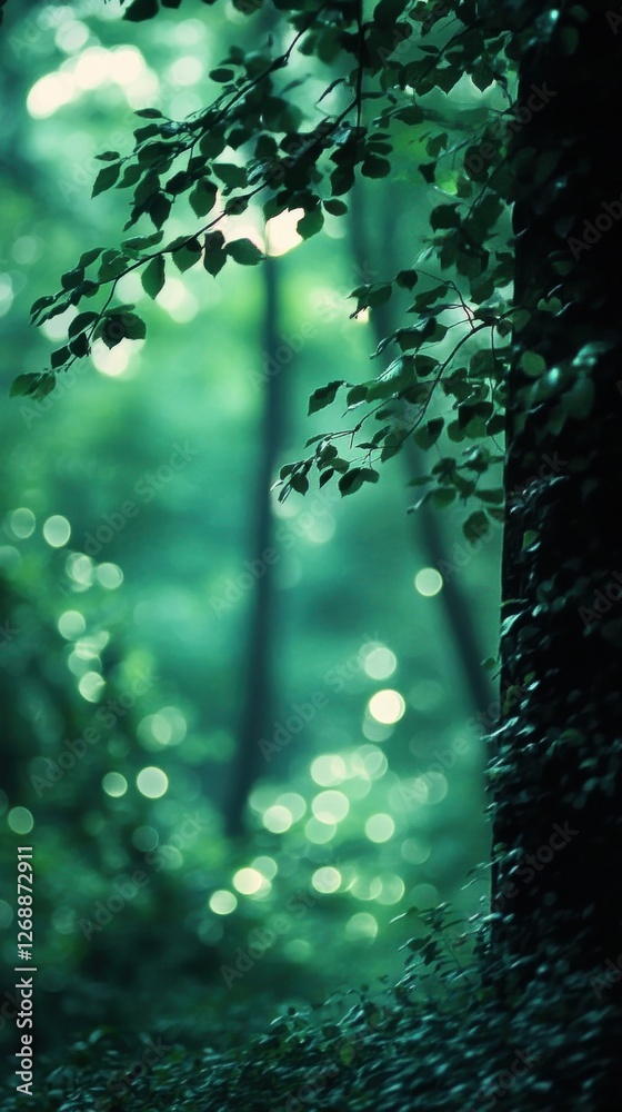 Leinwandbilder Bokeh effect in a tranquil emerald forest with soft light filtering through the leaves