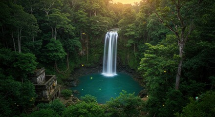 Waterfall in Tropical Rainforest with Ancient Ruins and Turquoise Pool
