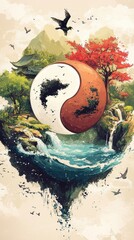 Artistic rendition of the yin yang symbol within nature