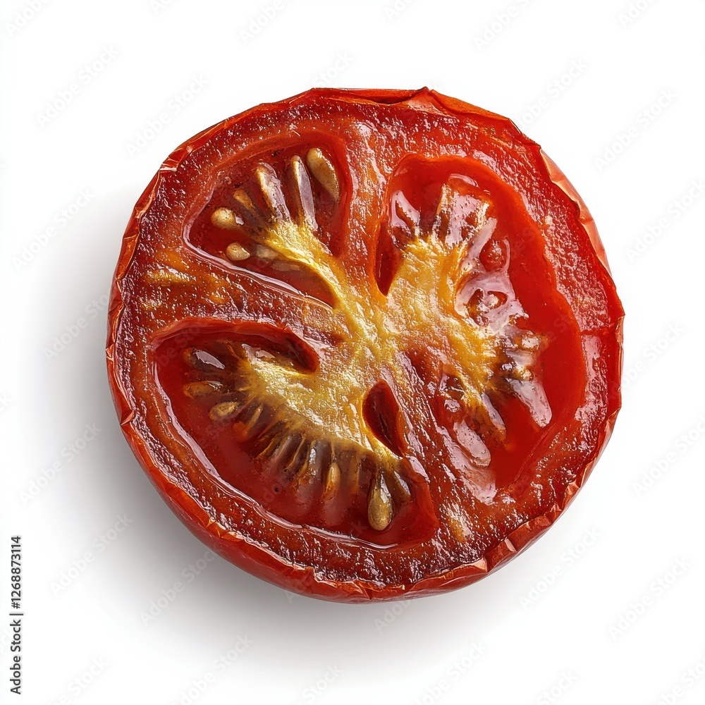 Poster single roasted tomato slice with caramelized edges showcasing rich colors and textures on a clean wh