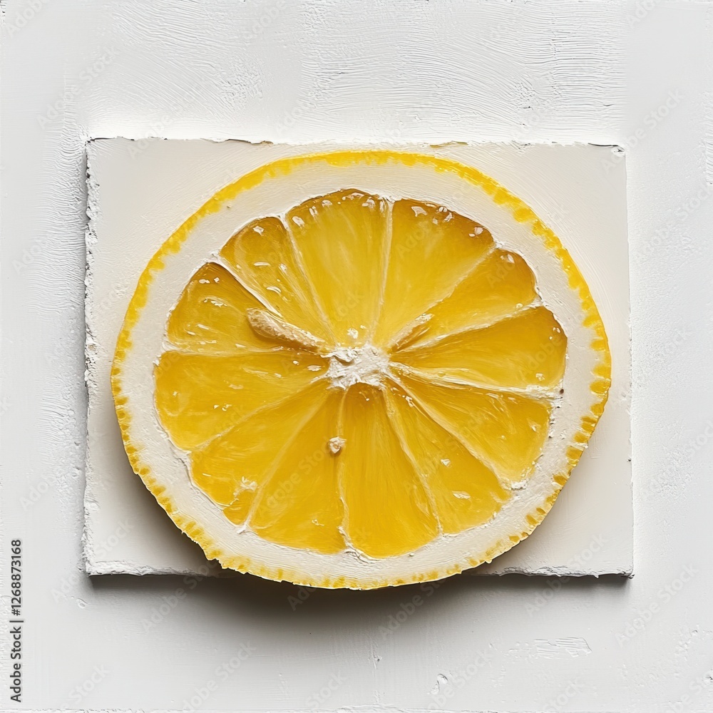 Poster Vibrant fresh lemon slice displayed on a light neutral background with intricate details highlighting its juicy texture