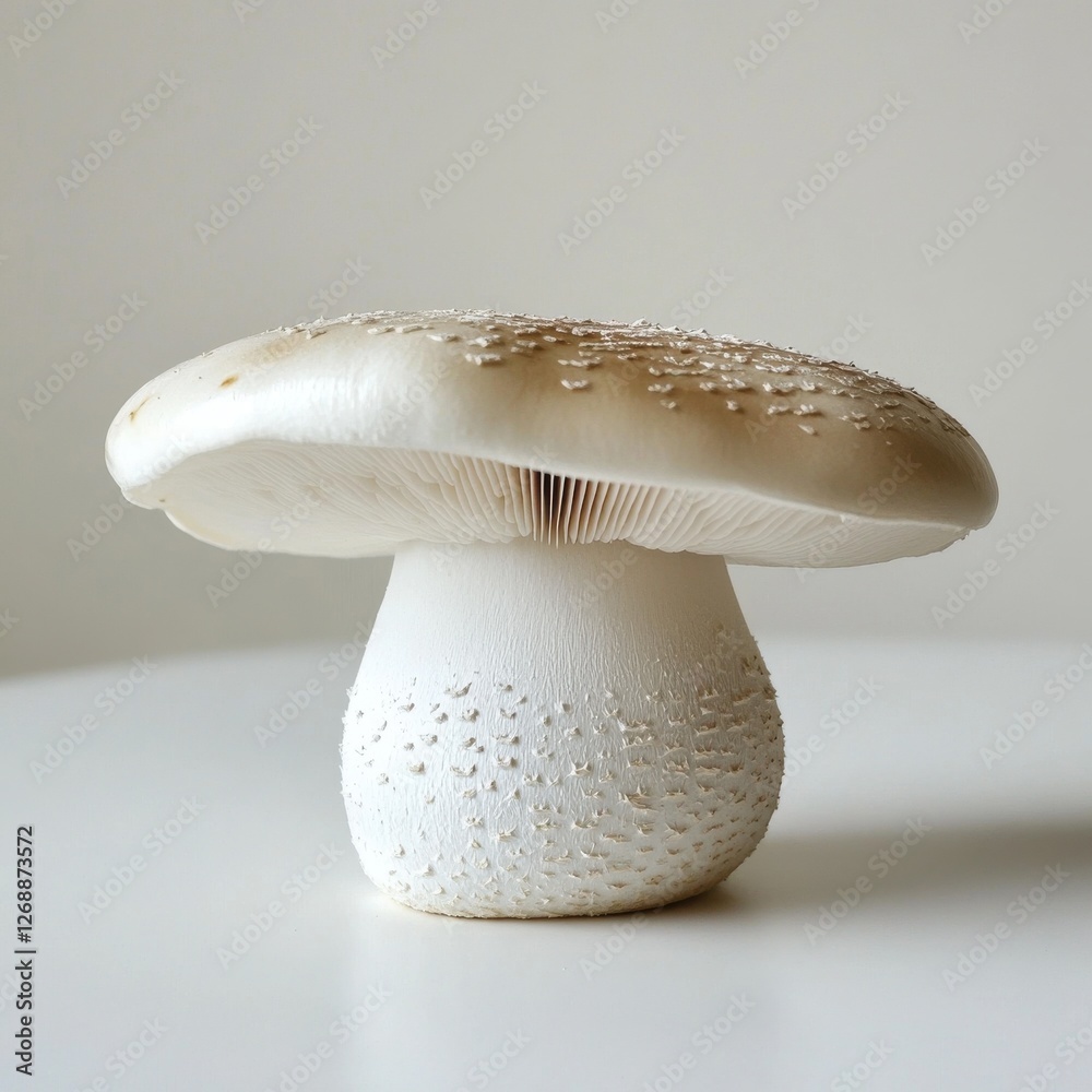 Poster fresh white mushroom showcasing smooth cap and textured stem on a simple background in a minimalisti