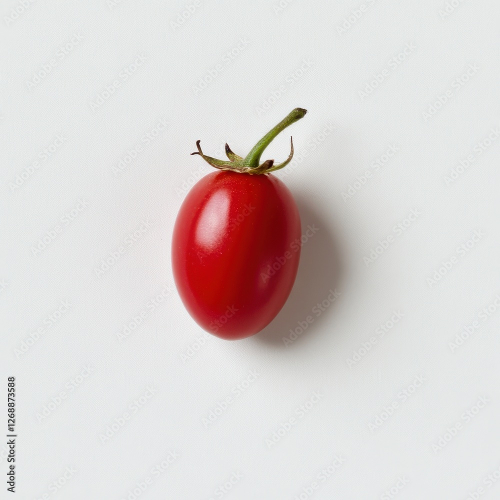 Poster Fresh glossy red grape tomato with a smooth texture placed on a white background, showcasing its vibrant color and shape, ideal for culinary uses