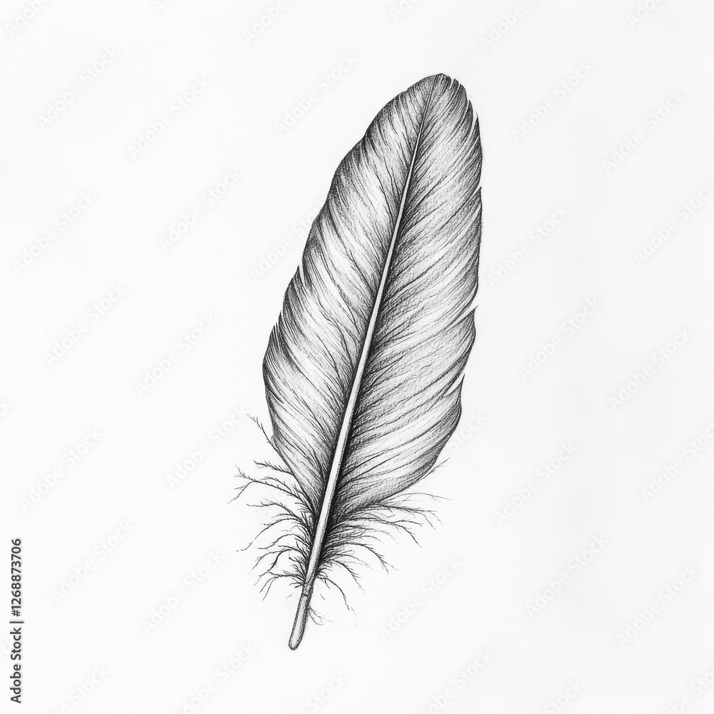 Poster intricate feather drawing showcasing fine details and textures in a minimalist style