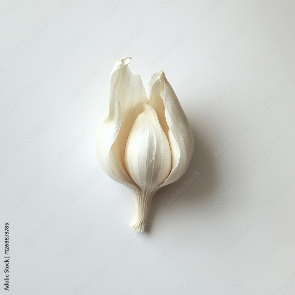 Poster unique close-up of a single smooth clove of garlic isolated on a minimalist background