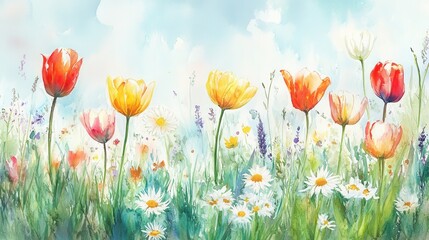 Naklejka premium Serene watercolor painting of vibrant blooming flowers in a sunny meadow
