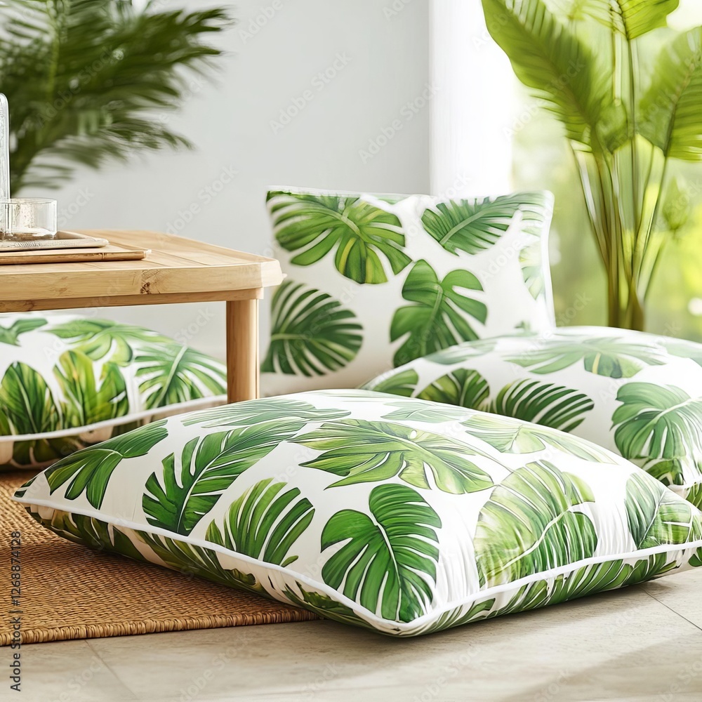 Poster Oversized outdoor cushions with tropical leaf patterns, arranged around a patio table