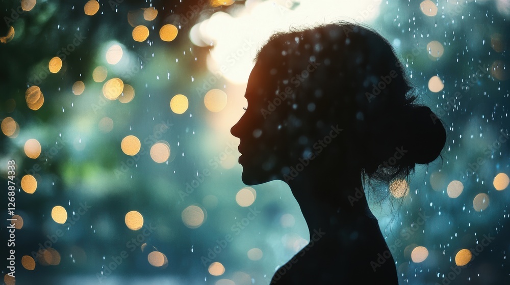 Poster portrait of a woman with a serene expression illuminated by soft light during a rainy day in a lush 