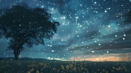 The stunning night sky is filled with bright stars, casting a shimmering glow over the tranquil meadow below.