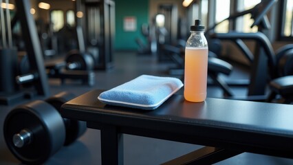 Cold compress, Cold compress on gym bench with dumbbells and sports drink