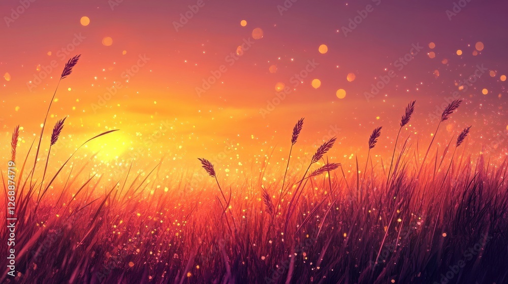 Poster serene golden-hour meadow with tall grasses illuminated by warm sunlight and soft bokeh effects