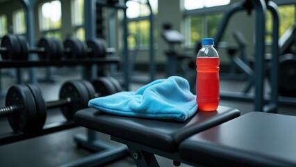 Cold compress, Cold compress on gym bench with dumbbells and sports drink
