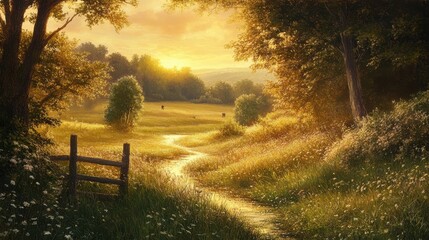 Countryside tranquility with a winding stream and grazing cattle under a golden sunset glow