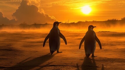 Two penguins walk against a stunning sunset backdrop, creating a serene atmosphere.