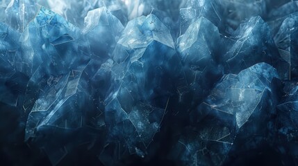 A surreal abstract composition featuring dark blue crystalline formations with sharp edges and glowing light.

