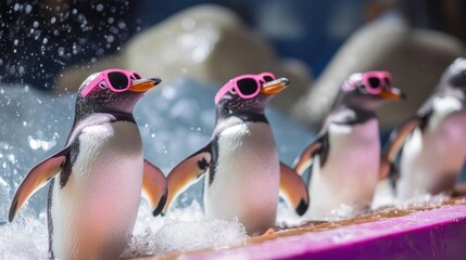 Penguins wearing pink sunglasses playfully splashing in water.