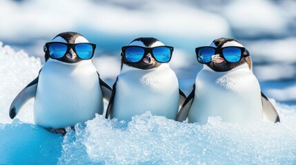 Three penguins wearing sunglasses on ice, exuding a fun and playful vibe.