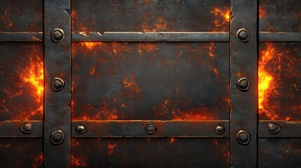 Rusted metal texture illuminated by glowing amber highlights in deep tones