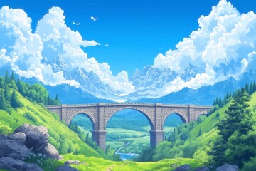 Fototapeta premium Scenic Bridge Over River Surrounded by Lush Green Mountains and Clouds