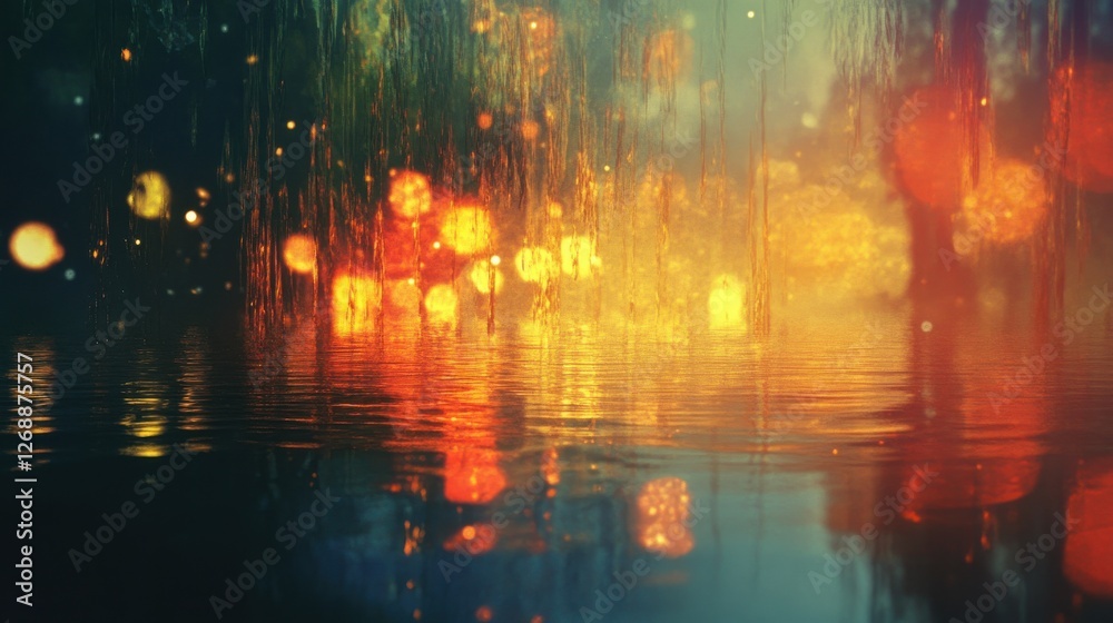 Poster fireworks illuminate the night sky while reflecting on a tranquil water surface