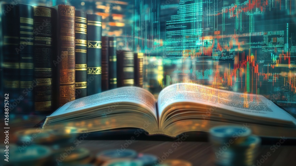 Poster financial analysis with open book and market data in a modern office setting, showcasing investment 