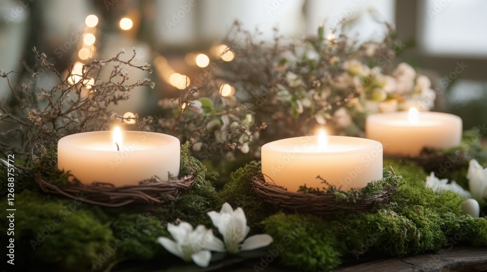 Poster candles illuminate a mossy arrangement with vibrant flora in a serene setting