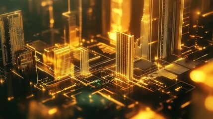 Detailed representation of a digital cityscape illustrating gold investments in a modern economic environment