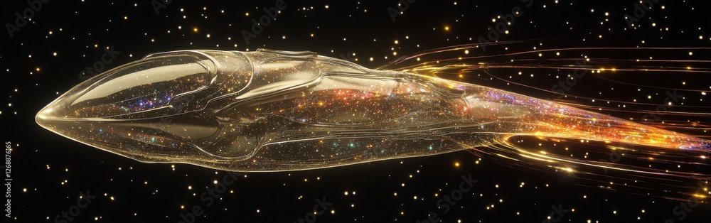 Poster mystical visualization of a sleek spaceship gliding through a star-filled cosmos