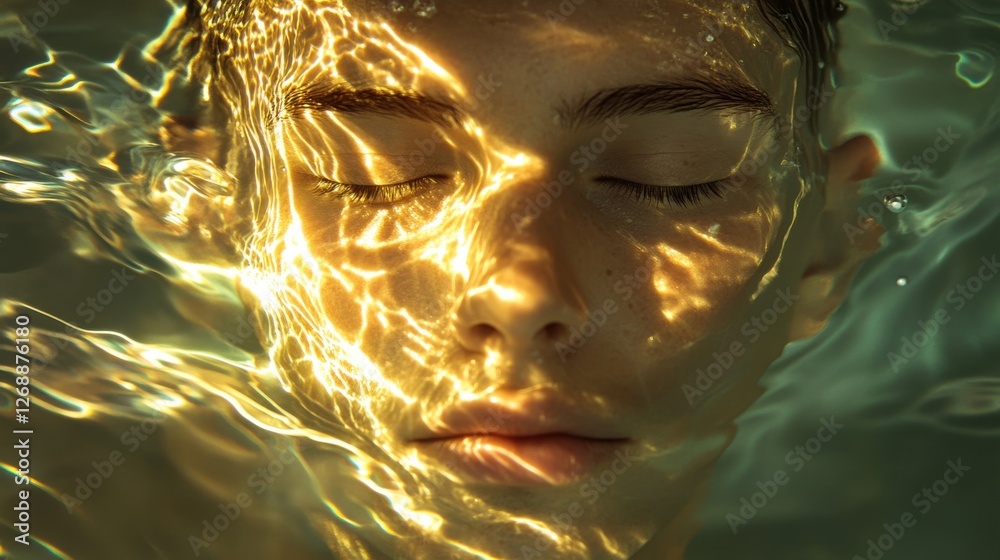 Poster mystical visualization of a swimmer's face illuminated by sunlight in water