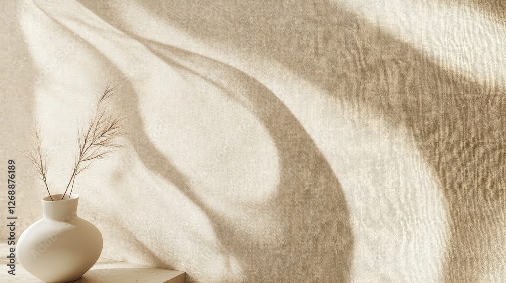 Poster soft minimalist design featuring a neutral-toned wall with delicate shadows and a simple vase on a w