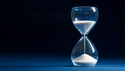 Hourglass measures time, sand falling on blue surface, against dark background