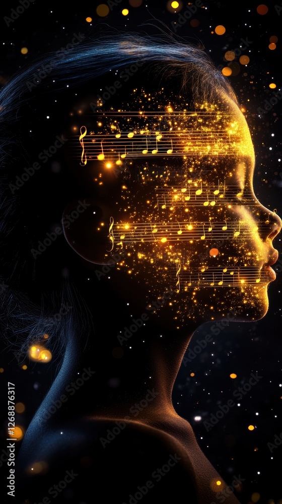 Poster mystical profile of a child adorned with golden musical notes and sparkling lights in a celestial ba
