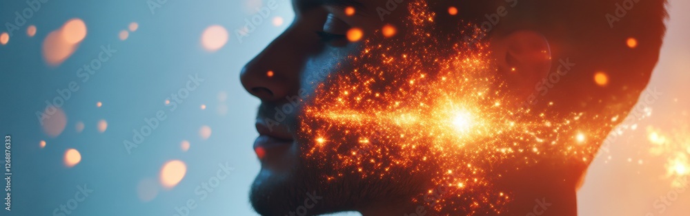 Leinwandbilder Mystical portrait showcasing the face of a man illuminated with vibrant cosmic energy and subtle colors in an ethereal setting