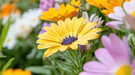 Fototapeta premium Yellow African daisy flower blooms brightly in a lush garden during a sunny spring day.