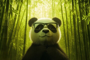 Obraz premium Panda wearing glasses in a bamboo forest.