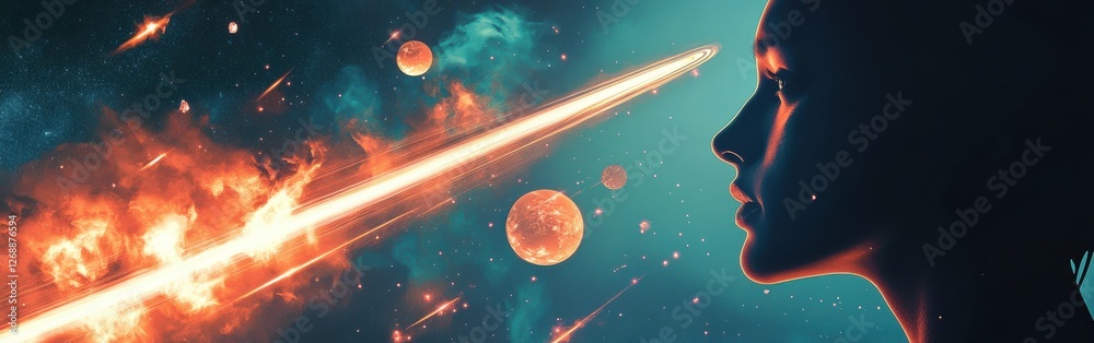 Poster mystical profile of a man surrounded by cosmic elements showcasing grandeur and wonder in the univer