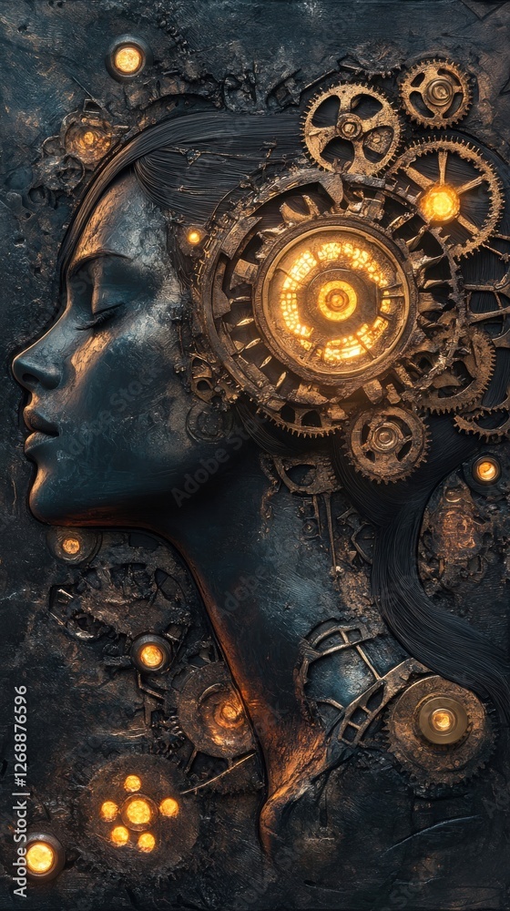 Fototapete mystical profile of a woman with intricate gears and glowing elements creating a captivating fusion 