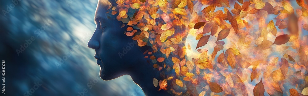 Poster mystical profile of a man filled with vibrant autumn leaves blending into a serene backdrop