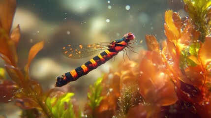 A vibrant underwater scene featuring a colorful insect among aquatic plants.