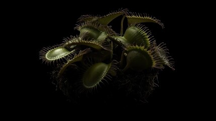 A cluster of Venus flytraps against a dark background, showcasing their unique structure.