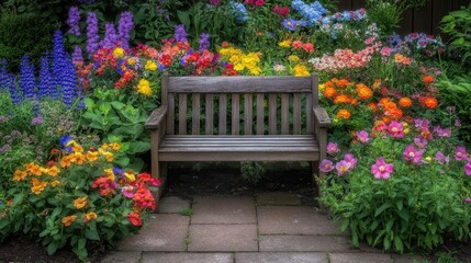 Obraz premium A backyard garden scene with a wooden bench surrounded by blooming flowers