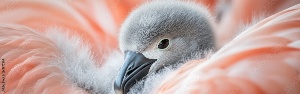 Poster close-up of a flamingo chick nestled among vibrant feathers, capturing delicate features and soft te