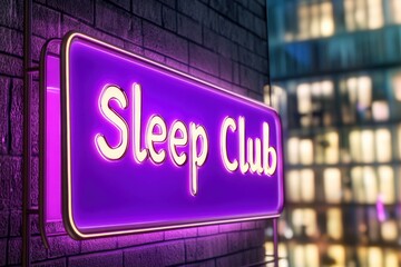 Glowing neon sign featuring Sleep Club under deep purple ambient light reflecting on dark glass at night
