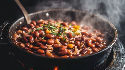 Delicious Steaming Red Beans Cooking in a Pan on a Kitchen Stove