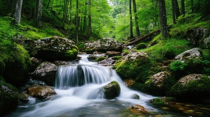 A cascading waterfall in a tranquil forest, surrounded by moss-covered rocks